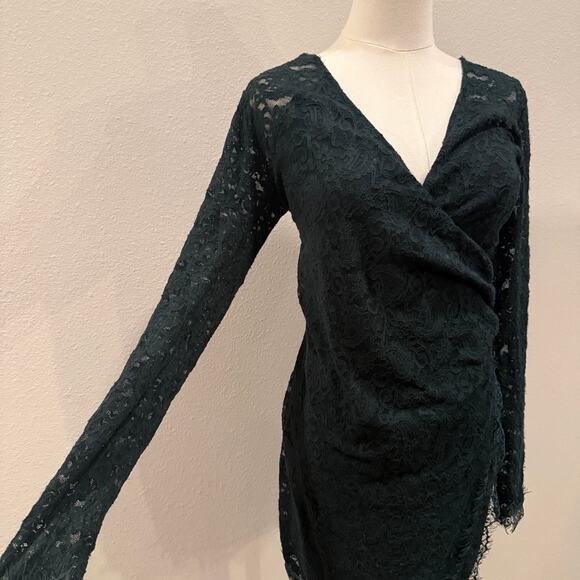 Free People Pearl Lace Mini Dress Forest Green XS Long Sleeve V Neck Holiday - Picture 5 of 10